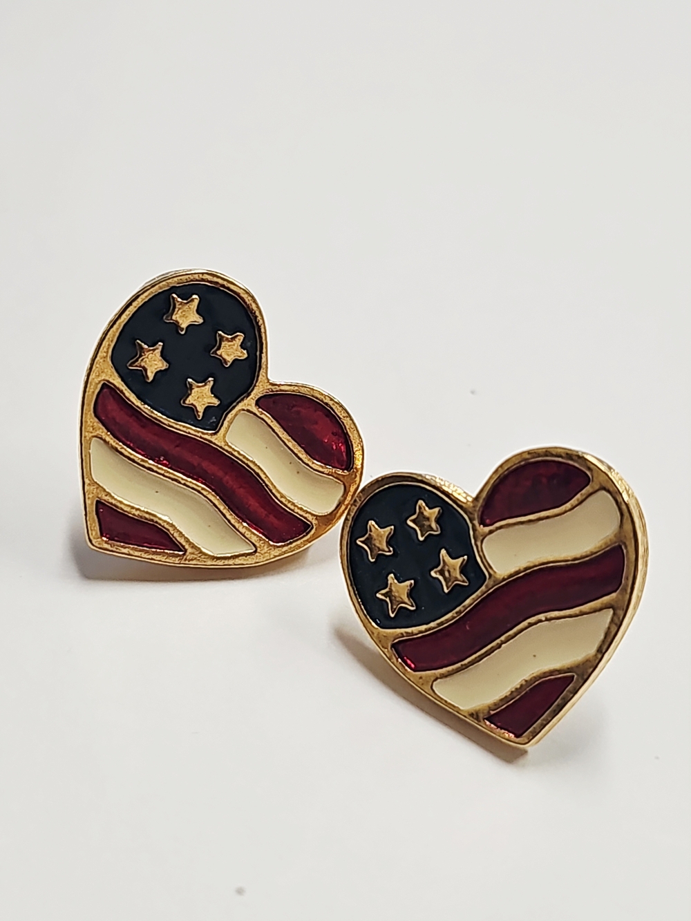 Avon Gold-Tone Heart Flag Enamel Stud Earrings - Red, White & Navy